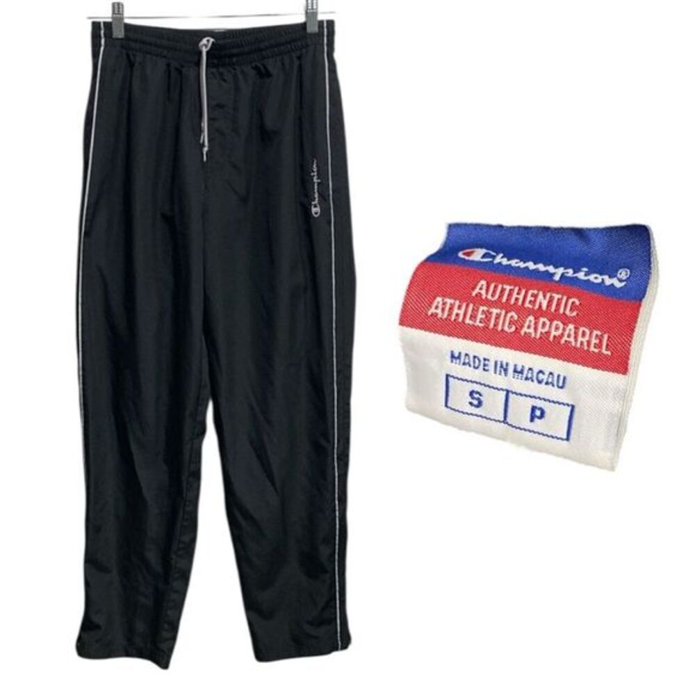 Champion Y2K Track Pants Black Nylon Mesh Lined Zip Ankle Small‎ Vintage